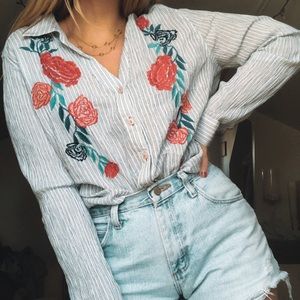 Rose Embroidery Button Down